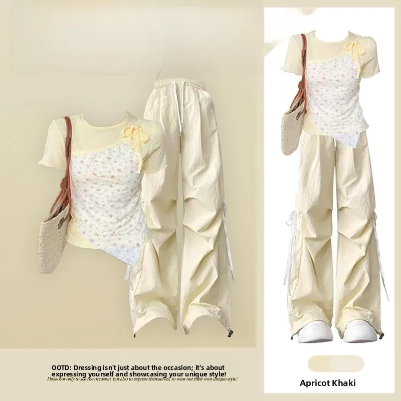 

Корейский стиль: Женский летний комплект из футболки с коротким рукавом и нестандартным цветочным принтом и желтых брюк с узлами, модный двухсекционный комплект.