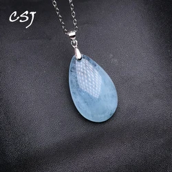 CSJ Natural Aquamarine Sterling 925 Silver Water Drop Energy Gemstone Fine Jewelry Necklace for Women Party Gift