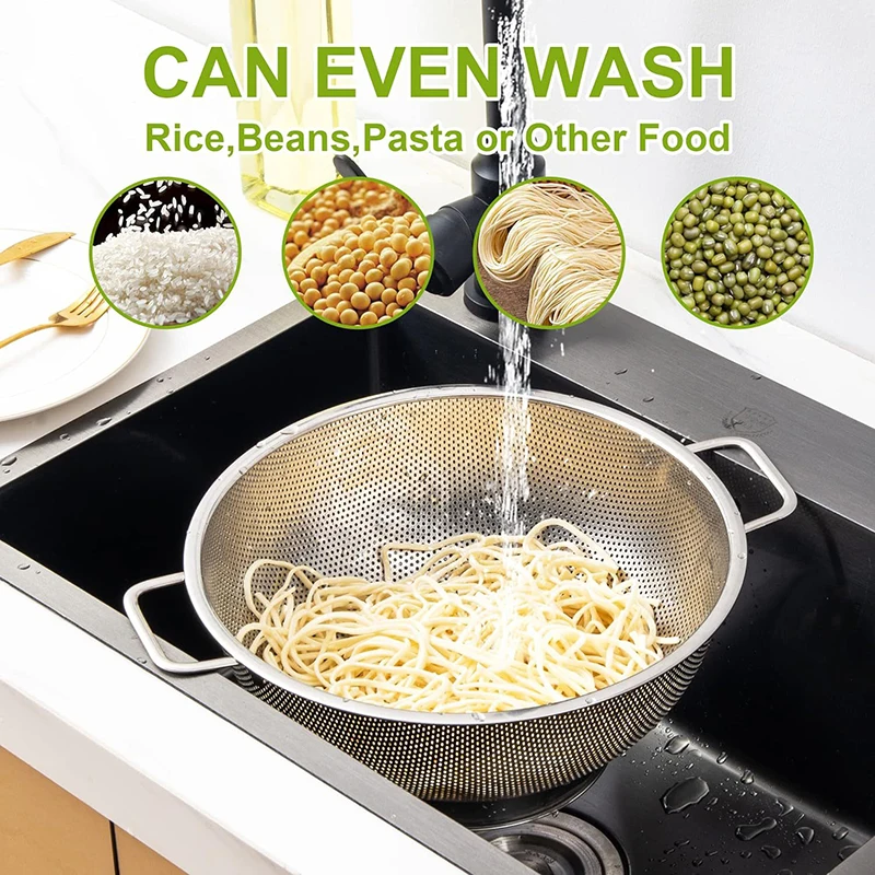 

Stainless Steel Colander With Handle Kitchen Food Pasta Strainer Basket With Self-draining Solid Ring Base