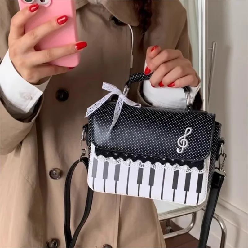 

Ins Korean Bow Piano Handbag Women Bag Polka Dot Leather Large Capacity Shoulder Bag Ladies Sweet Cute Lace Trim Crossbody Bags