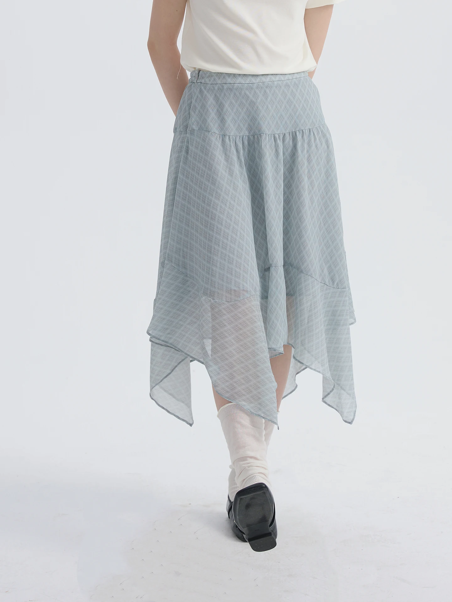 

Willbewell Sweet Blue Plaid Asymmetrical High Waist Skirt Women's Fashion Spring Collection Polyester Fiber