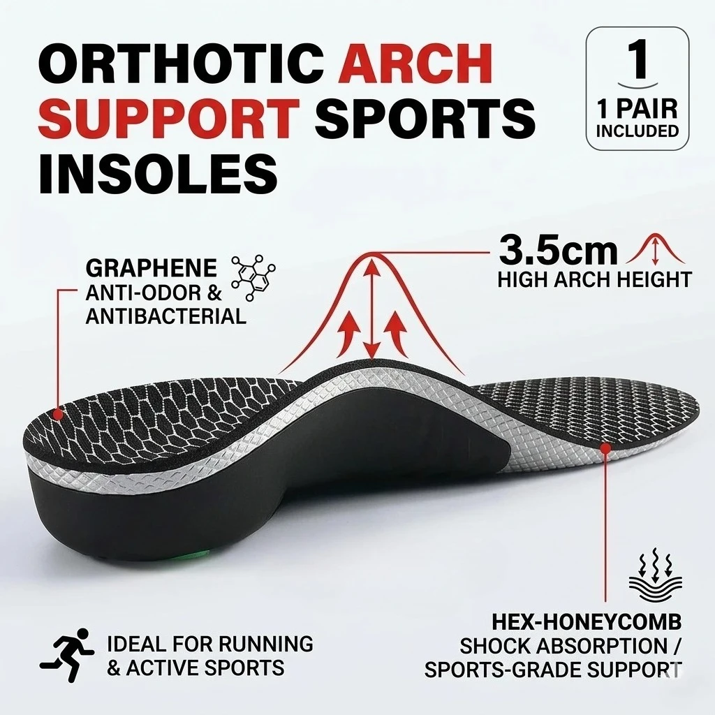 Semelles orthopédiques de sport avec soutien de la voûte plantaire, 1 paire, absorbant les chocs, en graphène, antibactériennes, anti-odeurs, pour soulager la douleur au pied, pour la course à pied