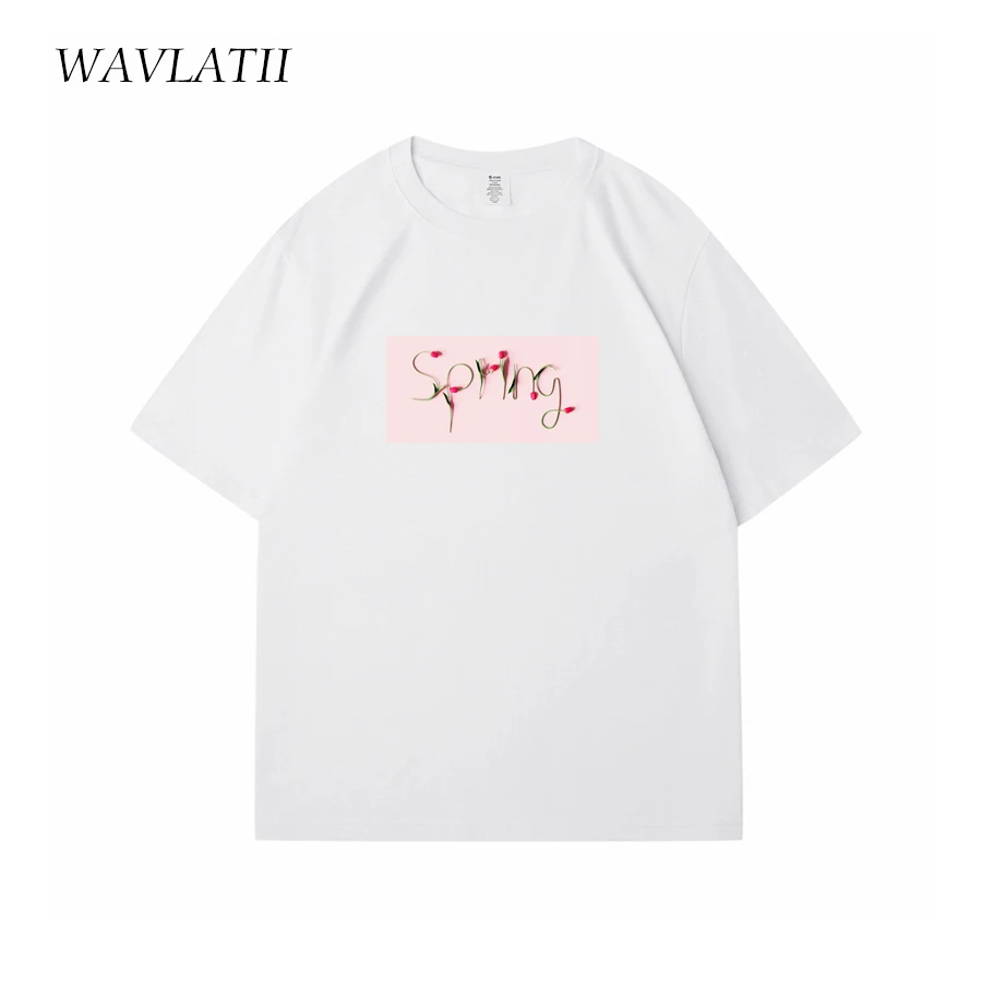 Wavlatii-女性用ベージュプリントTシャツ,綿100% の服,カジュアル,パープル,半袖トップス,レディース,夏,新品,wt2404