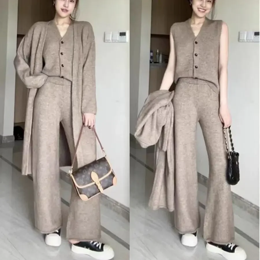 Sweaters Cardigan Sets 3 Piece Sets 2023 Autumn Winter Loose Casual Knitted Cardigan Autumn Winter Irregularity Vest Pant Set