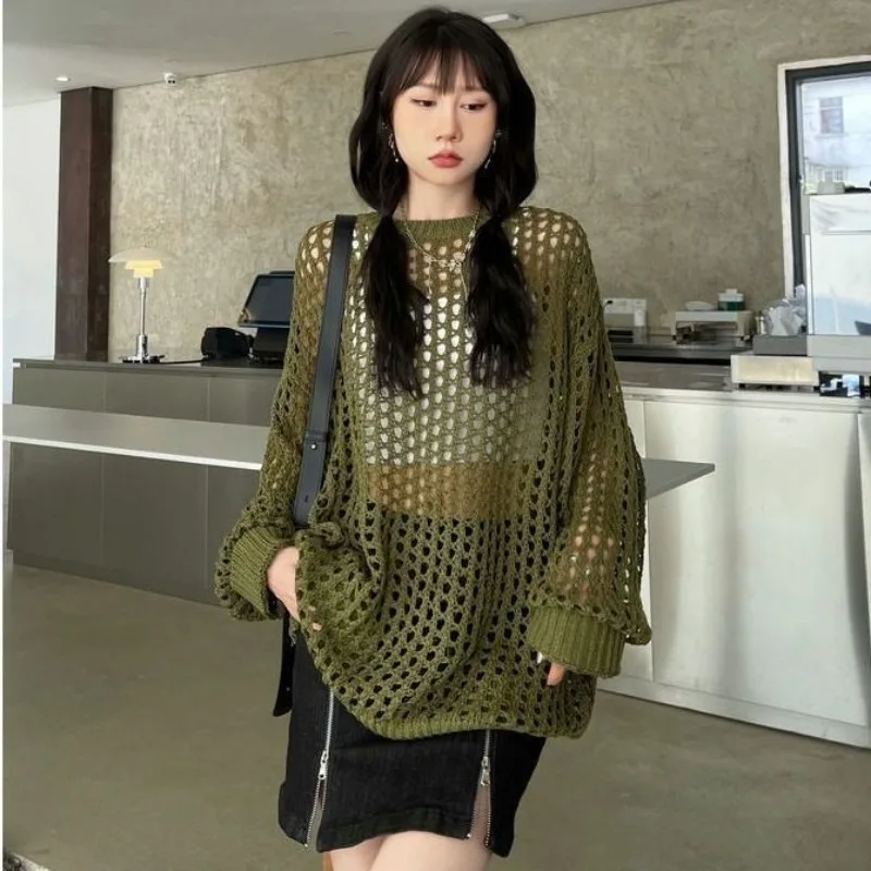 

Ladies Fashion Mesh Hollowed Out See-through Overlap Oversized Sweater Women Clothes Female Girls Casual Pullover Sweaters B1160