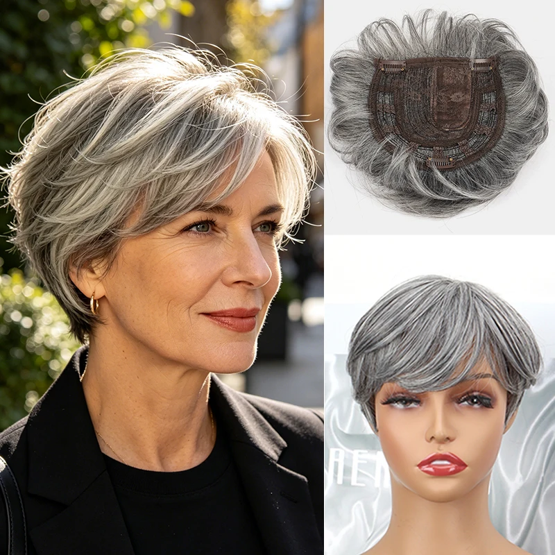 Synthetic Short Toppers Hair for Women Fluffy Covering Volume Hair Pieces With Bangs Fake Hairpiece for Thin Hair