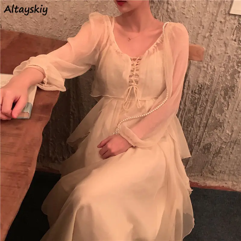 

Sets Women Smock Dresses Sleeveless Trendy Elegant Solid Sweet Preppy Harajuku Ulzzang Chic Casual Mid-calf Summer Clothes Lady