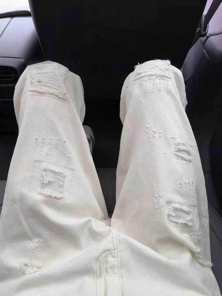 

White Ripped Straight Leg Men's Jeans Spring Summer American High Street Vibe Sle Frayed Hem Casual Cotton Denim Pants