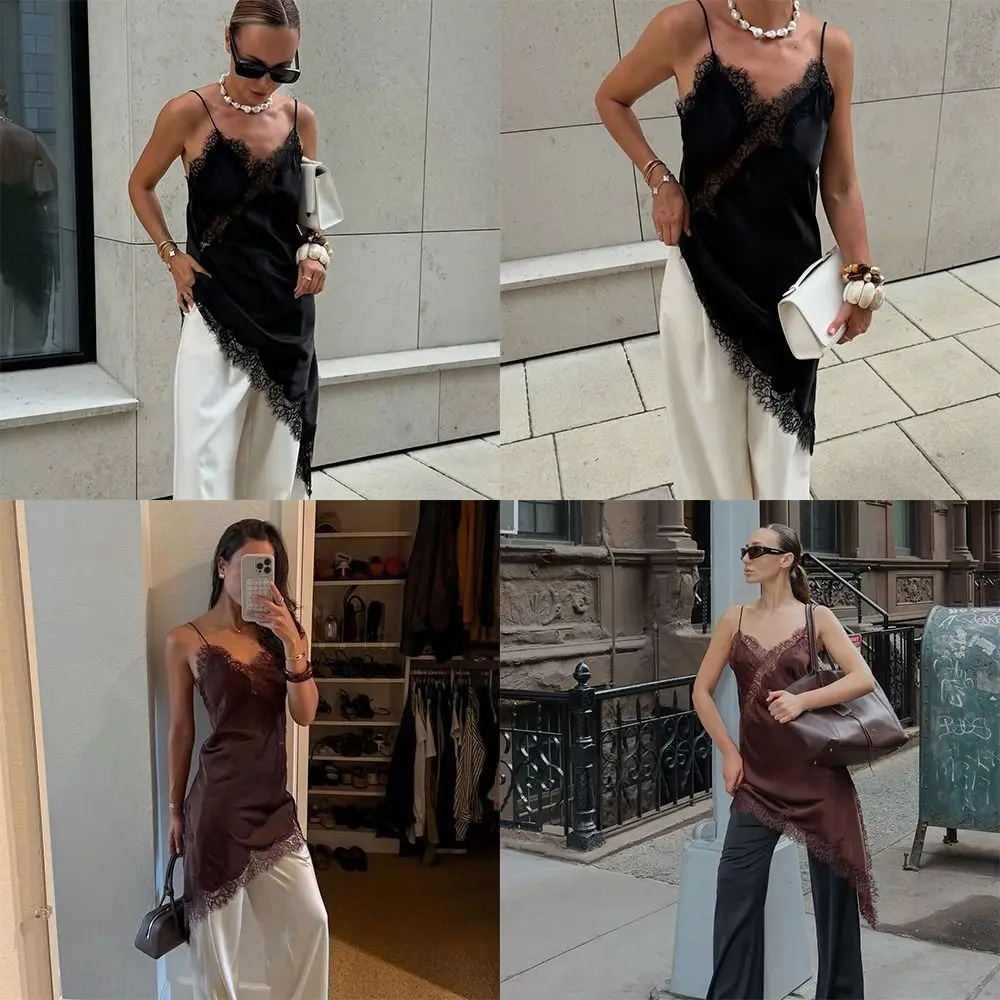 새틴 여성용 레이스 드레스 섹시한 레이스 민소매 여성 드레스 우아한 비대칭 미니 드레스 파티 드레스