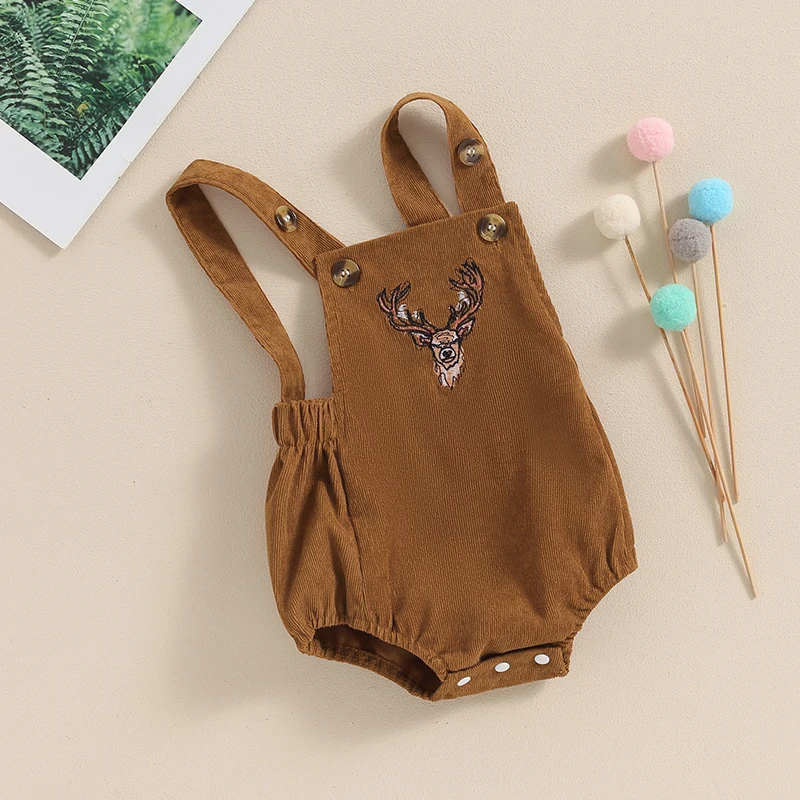 Toddler Baby Boys Girls Corduroy Deer Romper Sleeveless Embroidered Antler Hunting Overalls Clothes