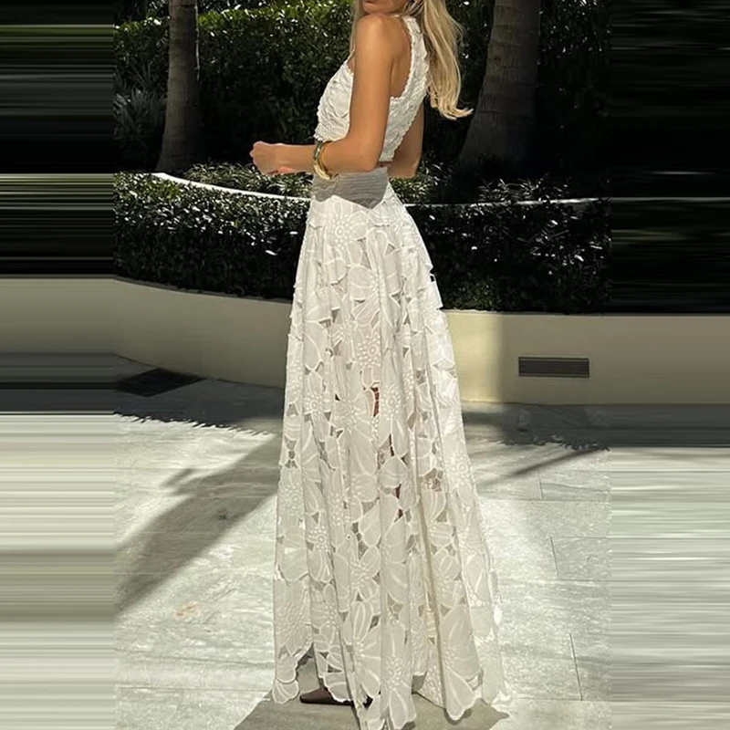 

Stylish Solid Color Vacation Outfits Sexy Sleeveless Vest And Half Skirts Women's Set Elegant Lace Hollow Out Embroidery 2 Piece