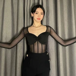 Adult Women Latin Dance Tops Long Sleeve Black Latin Practice Wear Standard Ballroom Dance Clothes Women Sexy Mesh Tops BL2456
