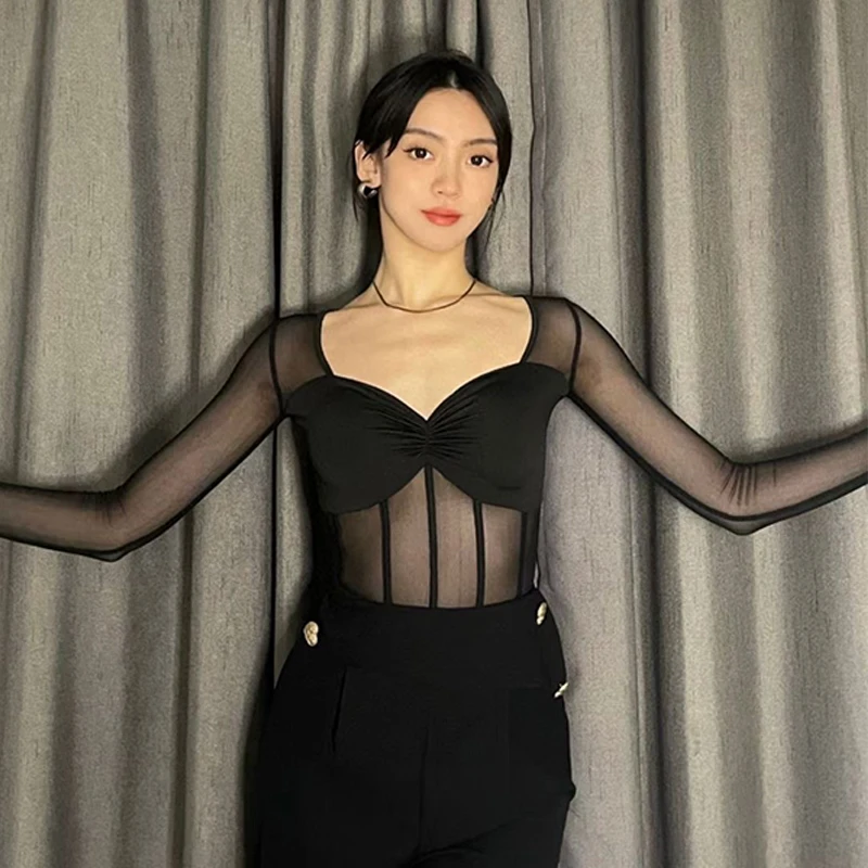 Adult Women Latin Dance Tops Long Sleeve Black Latin Practice Wear Standard Ballroom Dance Clothes Women Sexy Mesh Tops BL2456