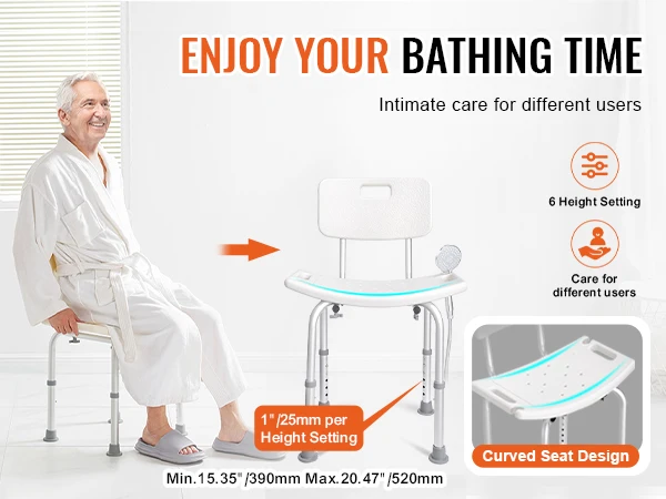 VEVOR Shower Chair Shower Seat with Back Adjustable Height Shower Stool Shower Chair for Inside Shower Bathtub Non-slip Chair