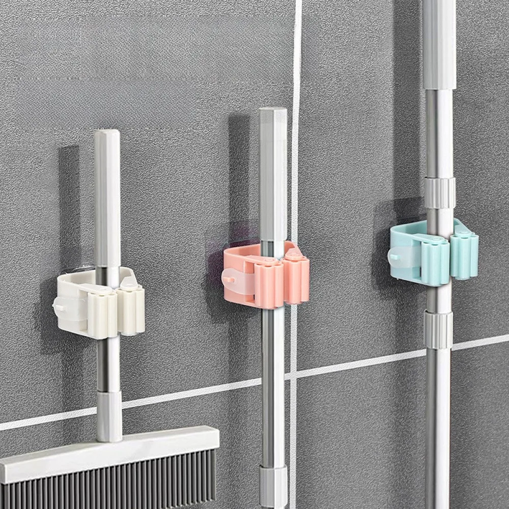 No Drill Mop Broom Holder Wall Mount, Self‑Adhesive Mop Gripper Clip, Punch‑Free Bathroom Storage Organizer for Cleaning Tools, 4 Pcs, Random Color