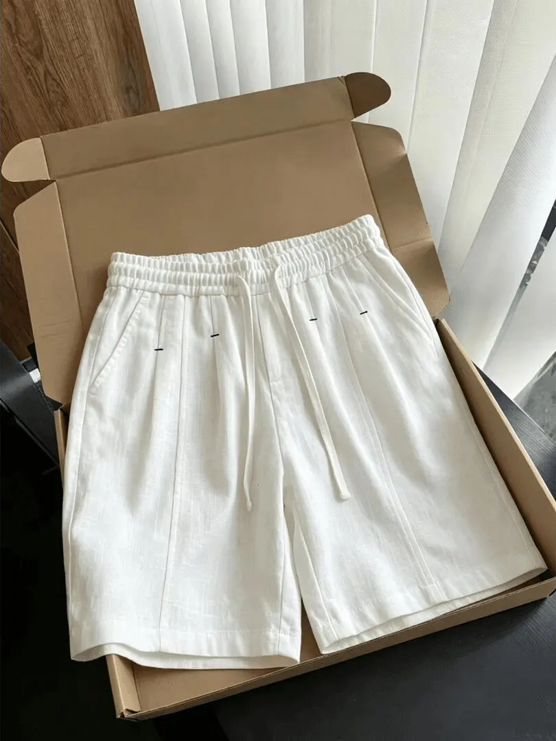 Loose Fit Linen Men's Shorts Summer Casual Straight Leg Breathable Elastic Waist Decorative Stitching Youthful Vitality ...