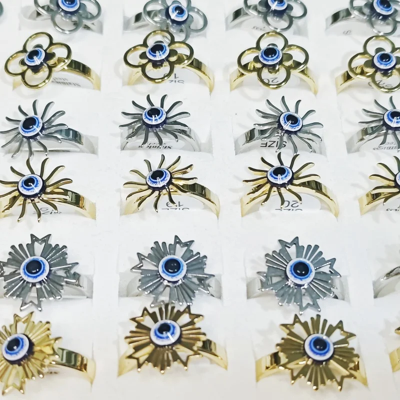 Wholesale 36 pcs 4mm Two tone Nine Style Mixed Blue Eyes Stainless Steel Rings Light up your personality