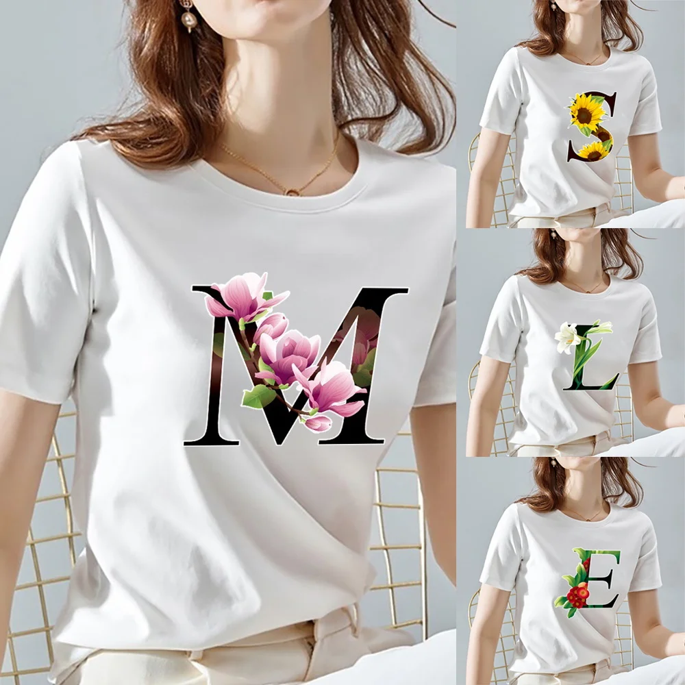 O Neck White Top Women 2022 Summer Casual T Shirt Basic Flower Color Letter Name Pattern Print Short Sleeve Tops Ladies Clothes