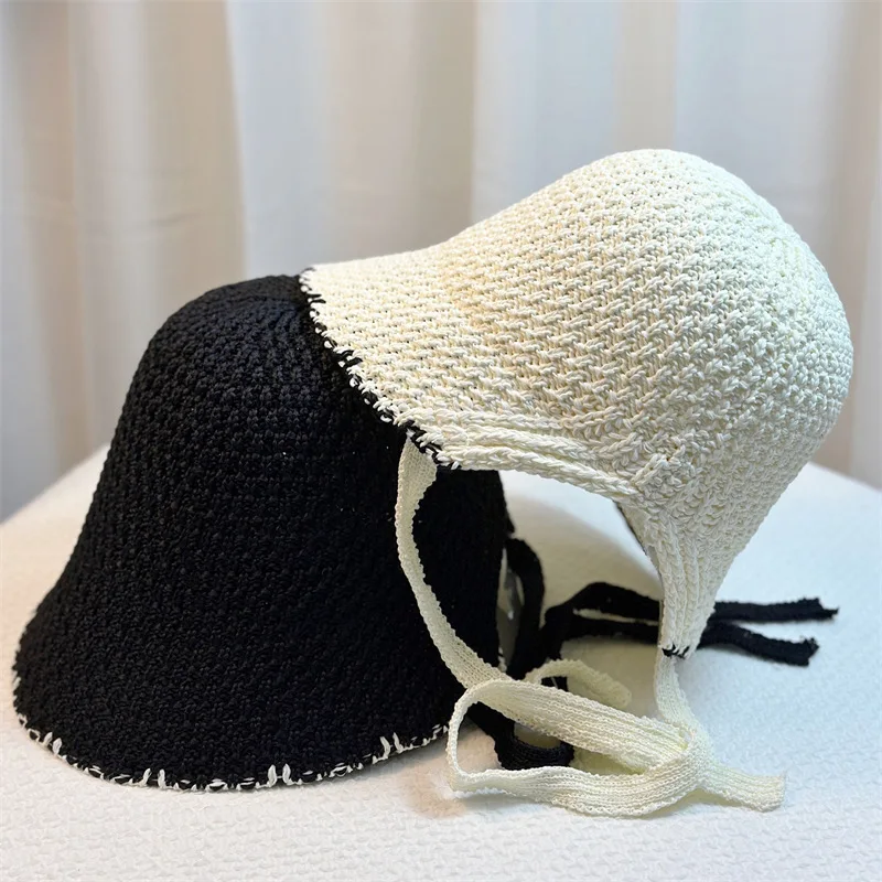 Berretti da donna 2024 estate coreano nuovo cappello da pescatore con lacci cappello da pescatore da donna in paglia intrecciata cappello da sole