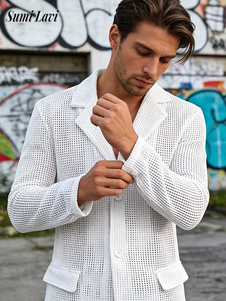 Vintage Plaid Textured Slim Blazer Jacket Mens Coats Spring Fashion Solid Color Button-up Suit Jackets For Men Casual Cardigans