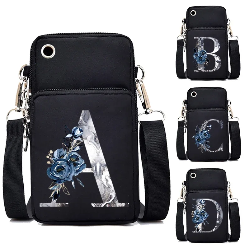 26 Blue Roses Alphabet Small Shoulder Bags Women Mobile Phone Bag Mini Crossbody Messenger Purse Bag Lady Wallet Purses Handbags