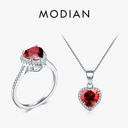 Modian Genuine Solid 925 Sterling Silver Hearts Sets Jewelry Red Ring Necklace Wedding Crystal Pendant Fashion Chain For Women