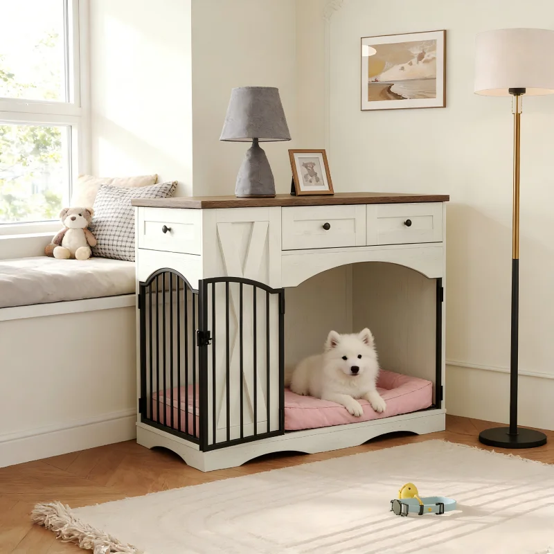 Indoor dog house with drawers and bowls, stylish pet cage for home decoration and pet living