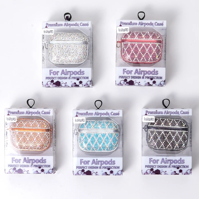

Beautiful Rhinestone Bling Hard Plastic Cover Earphone Case for AirPods 4 1 2 3 Pro 2 Pro 3 with Hook Gift Box for Women Girl