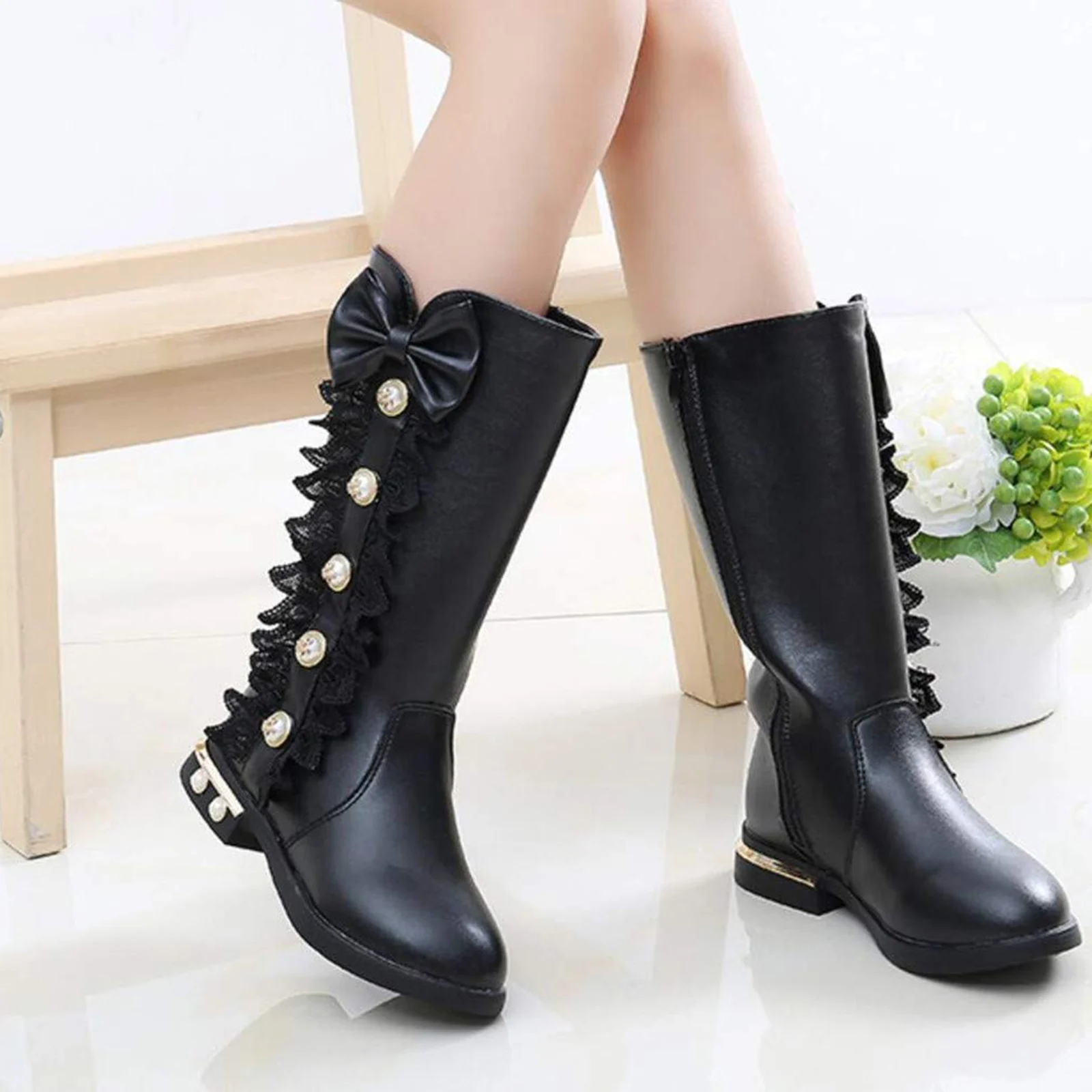 

Girls Autumn Winter Boots Sweet Lace Pearls Bow-Knot Princess Boots Outdoor Warm Cotton Lining Party Dress Matching High Boots