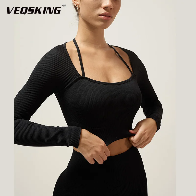 

New Women's Neck Hanging Long Sleeved Yoga Suit, Thread Tight Quick Drying Fitness Suit,Slimming and Breathable Yoga Fitness Top