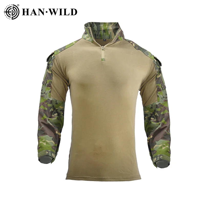 HAN WILD Men's Safari Shirt Outdoor Camouflage Long Sleeve Working Camping Fishing Men Clothing with 1/4 Zipper Hiking Shirts