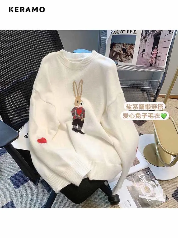 2023 Fall Winter O-Neck Cartoon Rabbit Long Sleeves Knitted Swrater Women Casual All-Match Sweet Korean Fashion Jumper Feamle