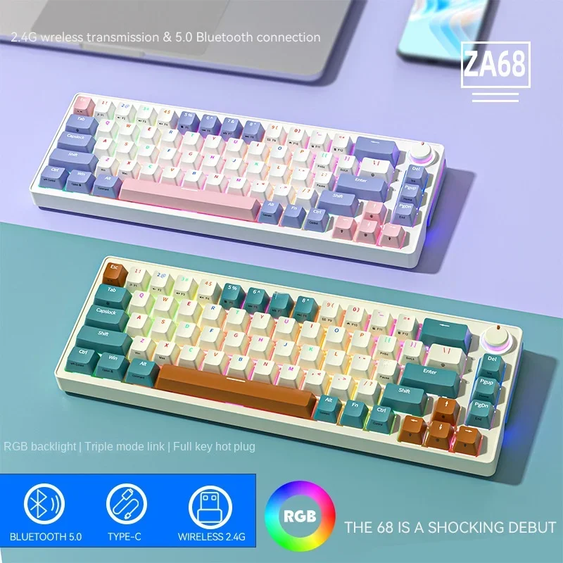 ZA68 Mechanical Keyboard Wireless Bluetooth Tri Mode 68key Gaming Keyboard Hot-swap RGB Knob Customization Gamer Accessories