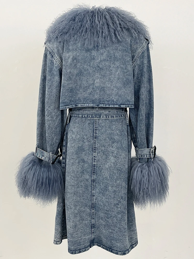 جديد 2025 معطف الشتاء الإناث النساء ريال منغوليا الأغنام الفراء الدنيم سترة كبيرة ريال الفراء طوق الملابس حزام طويل الجينز سترة