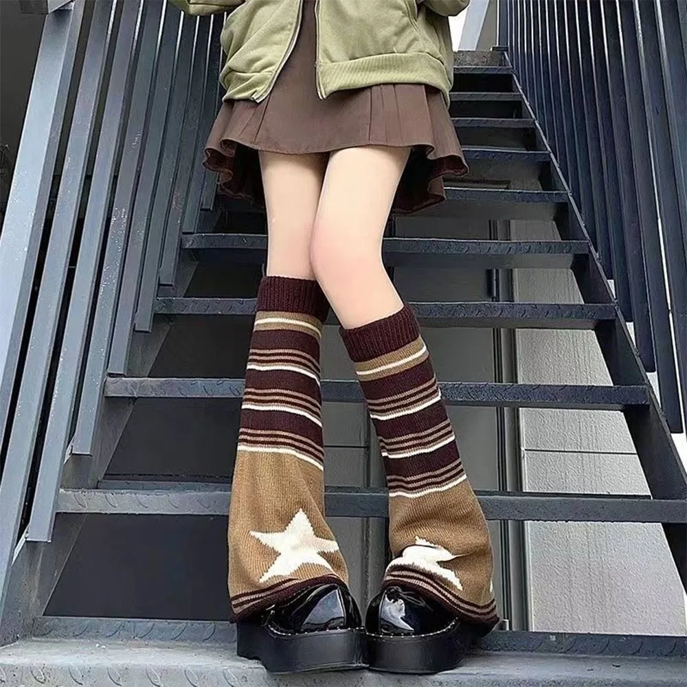 

Harajuku Pink Brown Star Leg Warmers Knitted Keep Warm Gothic Y2K Stockings Japanese JK Leg Socks Gift