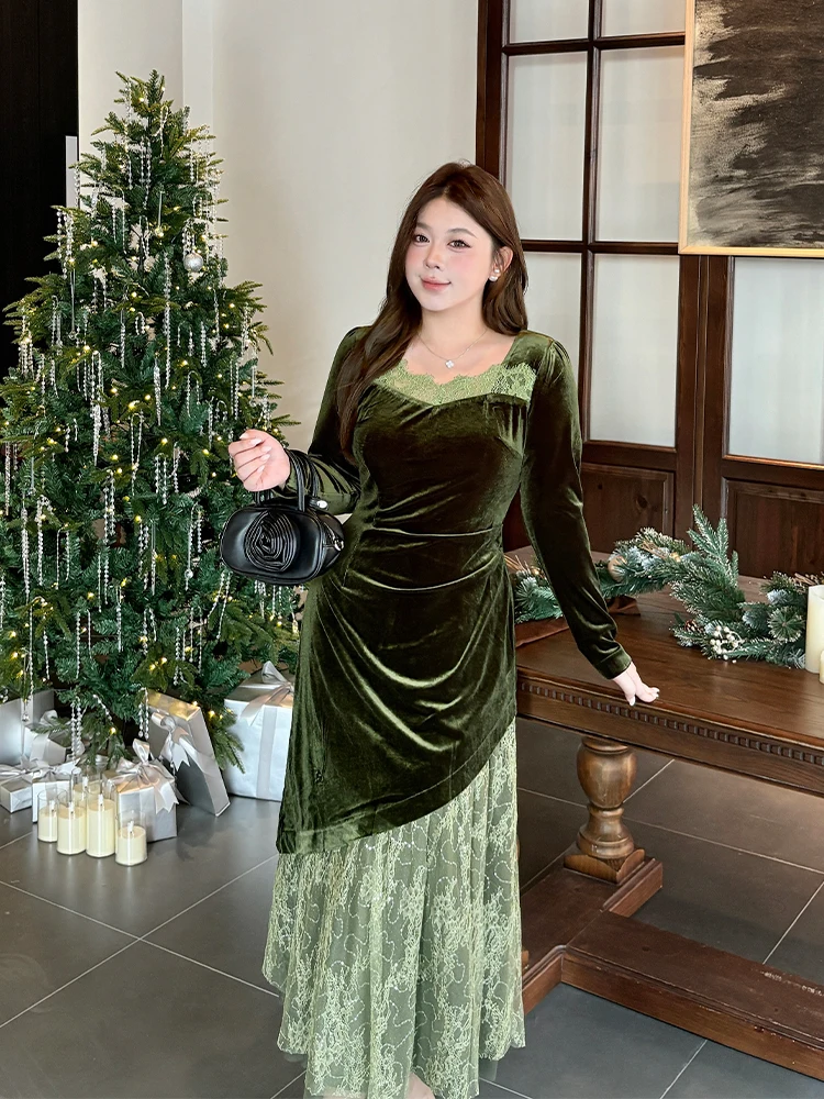 

Вельветовое длинное платье с кружевными вставками, больших размеров, модное, с квадратным воротником, с эффектом похудения от Wuhua Is Not Meat