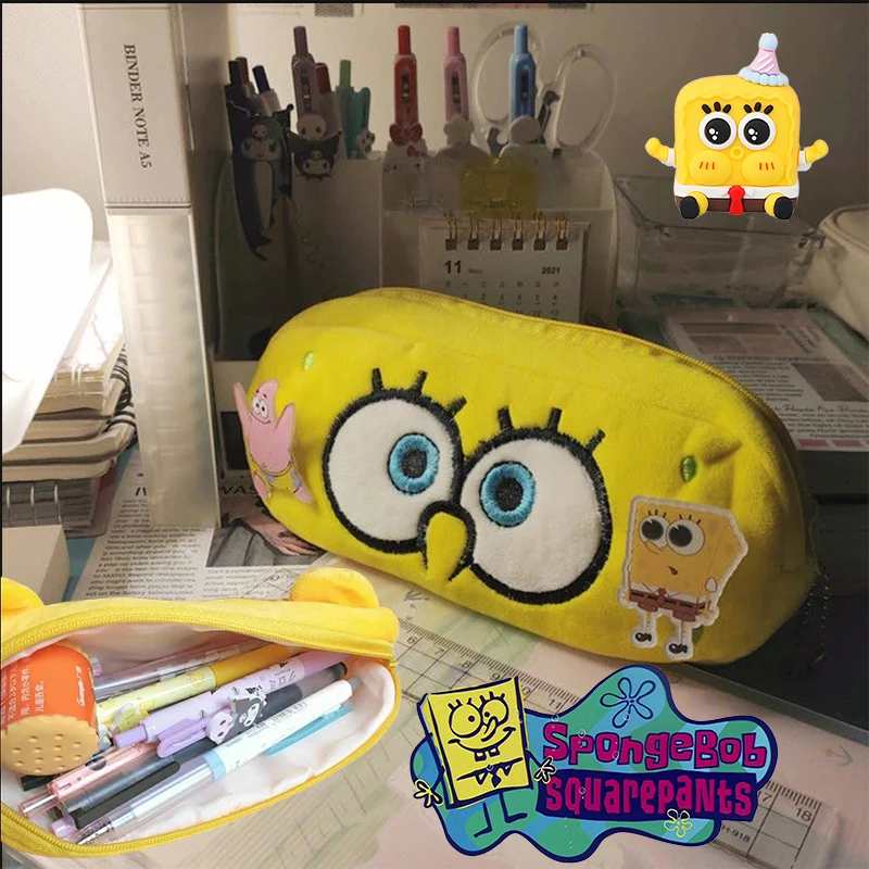 SpongeBob Plush Pencil Bag Students Cloth Stationery Box Kawaii Cosmetic Bag Cartoon Pen Pouch Case Kids Learning Prizes Gifts