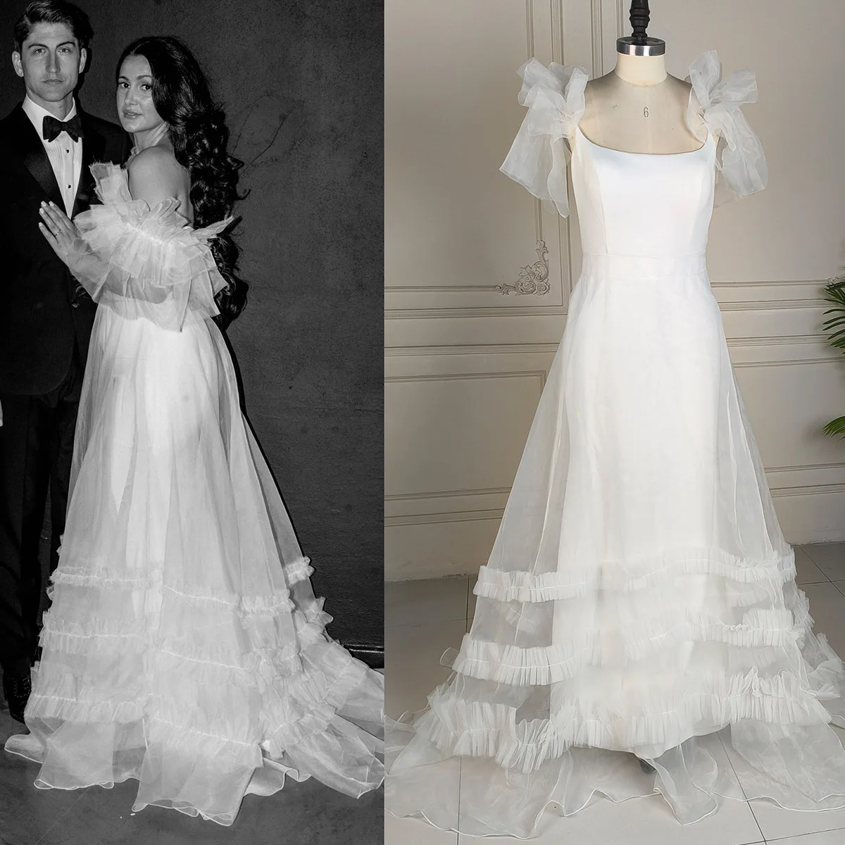 Two Pieces Satin Fit and Flare Wedding Underskirt Detachable Organza Skirt Frilled Sleeves Off Shoulder Customized Bridal Gowns