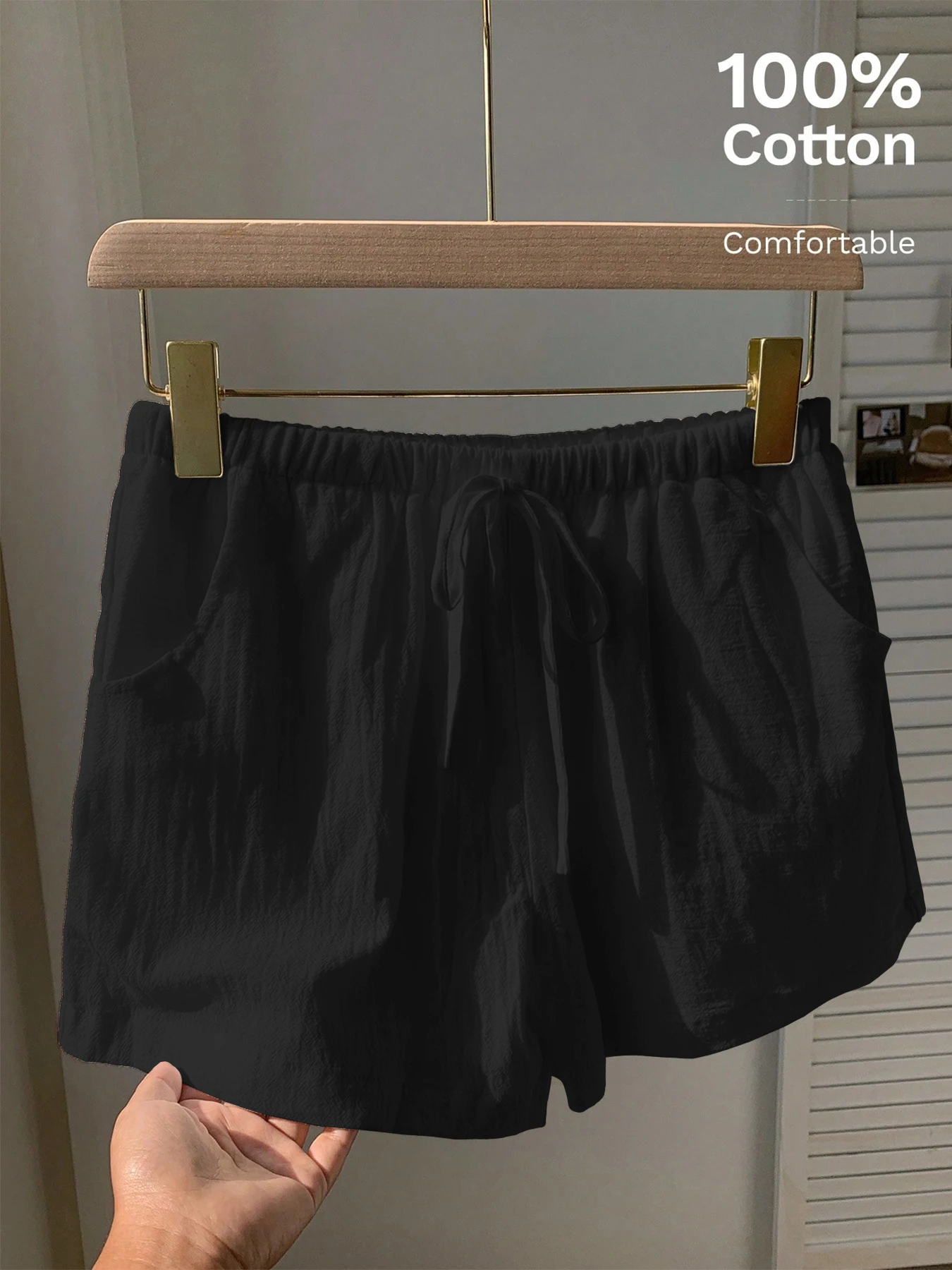 Damen Neue Frühling-Sommer Leinen Einfarbige Lässige Sport-Shorts mit Elastischem Bund und Kordelzug – Detail 3