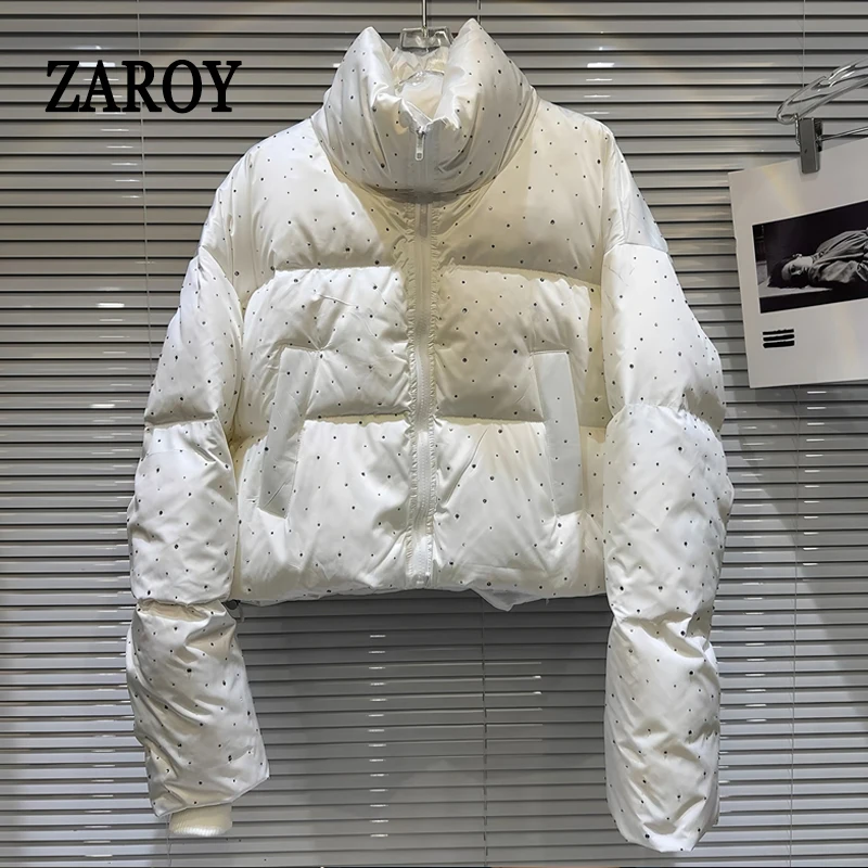 

Women's Winter Jacket With Rhinestones Stand Collar Zipper Thick Warm Cotton Short Coats Casual Puffer куртка зимняя