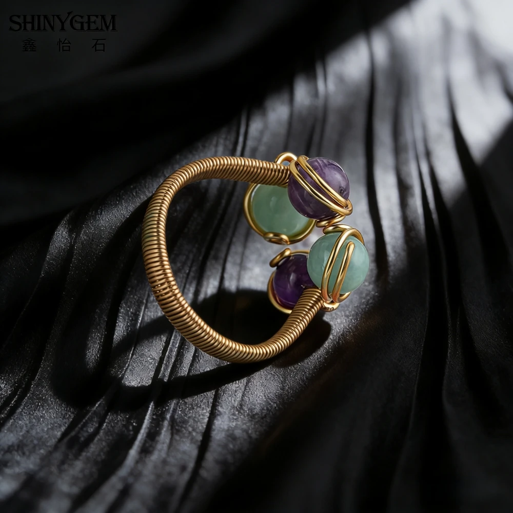 SHINYGEM Women Handmade Wrapped 18K Gold Plated Adjustable Natural Amethyst Aquamarine 4 Gemstone Combined Into One Piece Ring
