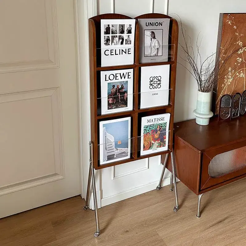 Nordic Floor Magazine Rack, Multi-Tier Solid Wood Bookshelf for Living Room, Newspaper Holder for Home Office, Creative Decor