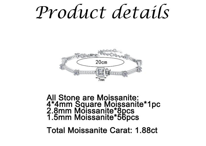 Square Full Moissanite Tennis Chain Bracelet for Women Shine s925 Sterling Silver Moissanita Lab Diamond Hand Fine Jewelry GRA