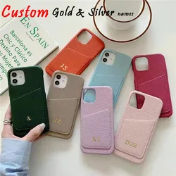 Customized Gold Letters Leather Card Holder Case For iphone 14 13 Pro Max 12 11 Pro Max X XS XR 15 16 Plus SE Luxury Hard Cover