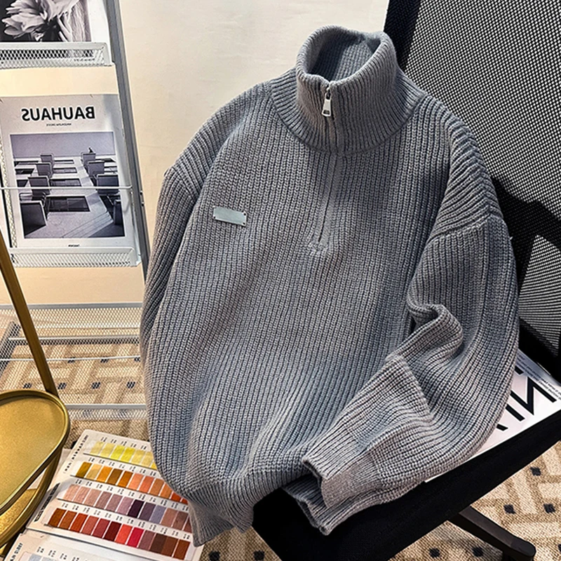 男性ハーフジップスタンドカラーセーター春秋の新日本カジュアルルーズ多用途プルオーバー怠惰なシンプルなレトロ固体トップス