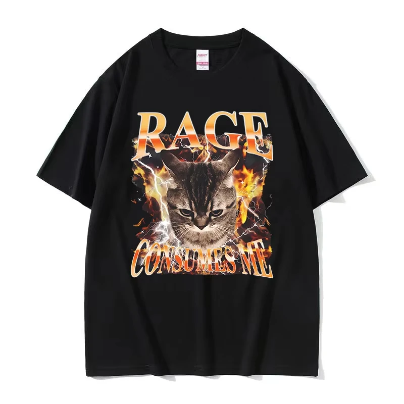 Rage Consumes Me Cat Funny Meme T Shirts Men Women Vintage Fashion Oversized Cotton T-shirt Y2k Harajuku O-Neck Clothing Tshirt