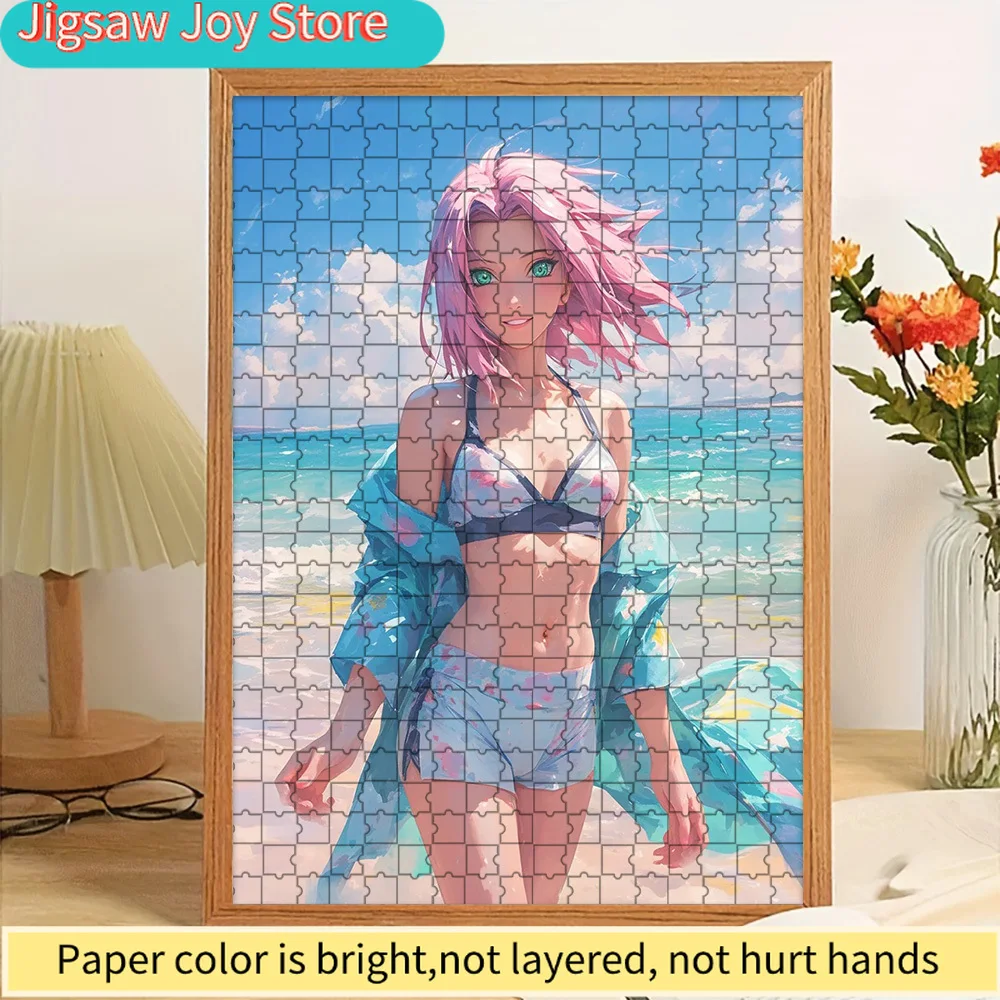 

Sakura Haruno Summer Beach Paper Puzzle, Refreshing Anime Character Art of Pink-Haired Ninja in Floral Bikini and Turquoise Cove