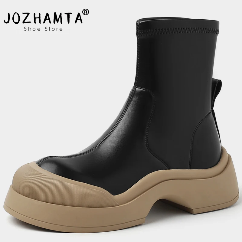 JOZHAMTA Size 34-39 Stretch Ankle Boots For Women Soft Leather Thick Heels Platform Boots Fall Winter Shoes 2025 Daily Dressy