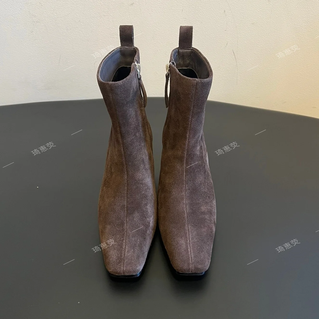 Cowhide British-Style Fashionable Minimalist Small Dquare-Toe Wedge Ankle Boots Chic Side-Zip Fashion Boots Zapatos De Mujer