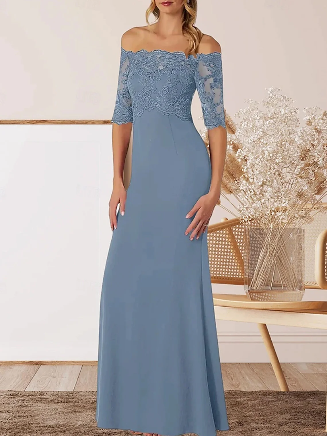 

Elegant Off Shoulder A-Line Chiffon Prom Dress Floor Length Lace Embellishment Half Sleeve Formal Gown 2025 free customized